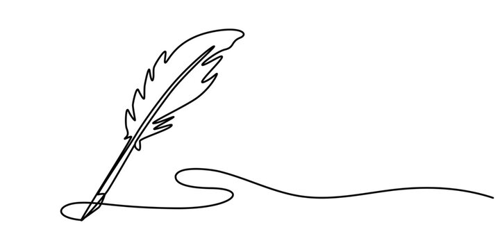 Scroll with inkwell and feather continuous line drawing. One line art of love letter, papyrus, antique, romance, classic, retro, correspondence, news, Inkwell and pen continuous line drawing. One line