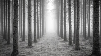 Naklejka premium A Misty Forest Path Lined by Tall Pine Trees