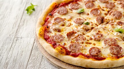 Delicious pizza with sausage and cheese, wooden background.