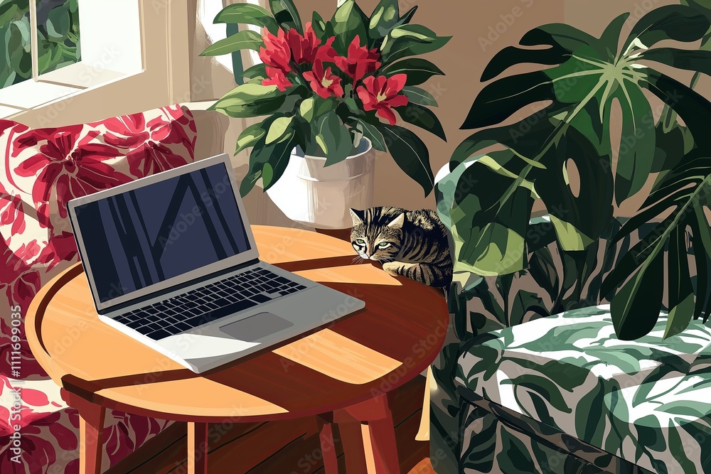 Poster a work-from-home scene with a laptop on a small table and a cat curled up on a nearby chair.