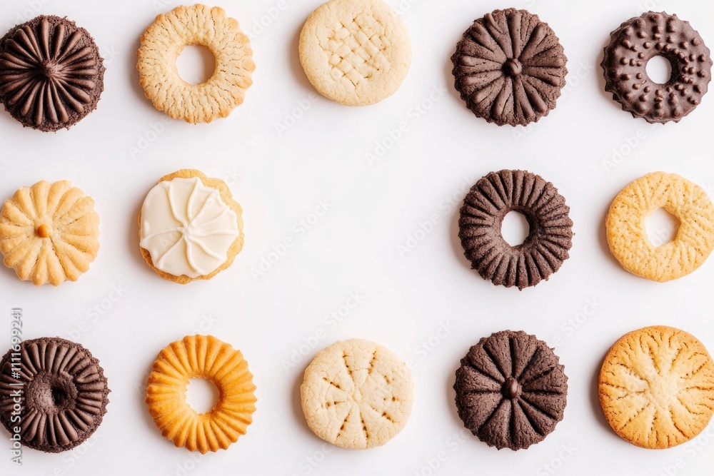 Aufkleber A delightful selection of various cookies and sweets is displayed on a clean white background, inviting creativity with its empty area for text. Generative AI