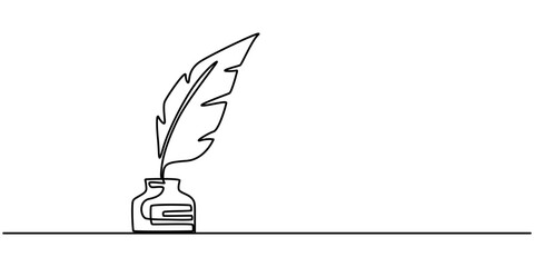 Scroll with inkwell and feather continuous line drawing. One line art of love letter, papyrus, antique, romance, classic, retro, correspondence, news, Inkwell and pen continuous line drawing. One line