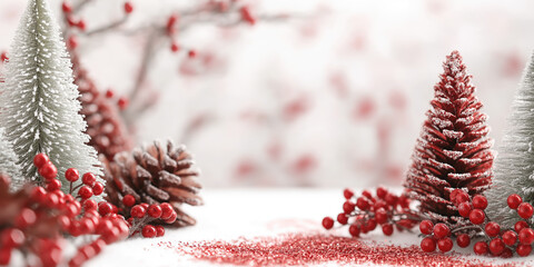 Festive winter scene with snowy pinecones and red berries in a dreamy holiday setting