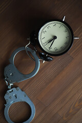 Time Constraints Concept: Handcuffs Attached to Retro Clock on Wooden Background