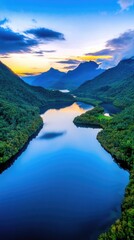 Fototapeta premium Stunning Aerial View of Serene River Winding Through Lush Green Mountains at Sunset with Dramatic Sky and Reflections