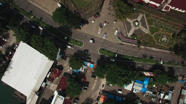 Top drone shot of the front view of Fort Rotterdam in Makassar