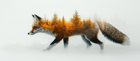 Fototapeta premium Double Exposure of a Fox with Autumn Trees Creating a Surreal Nature-Inspired Artwork in Soft Tones