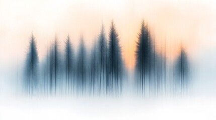 Blurred Silhouettes of Trees at Sunset in a Foggy Forest