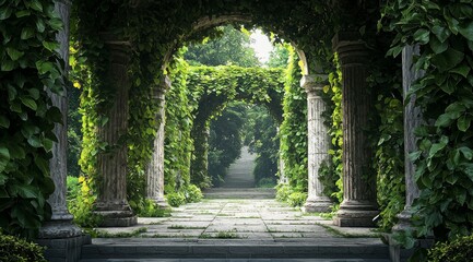 Fototapeta premium A fantasy backdrop featuring an ancient Greek archway covered in lush greenery, with columns on either side leading into the distance, creating a mysterious and enchanting atmosphere
