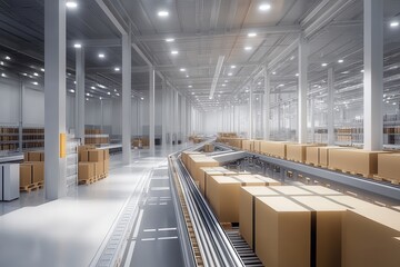Obraz premium Modern Automated Warehouse with Conveyor System and Stacked Cardboard Boxes Under Bright Industrial Lighting