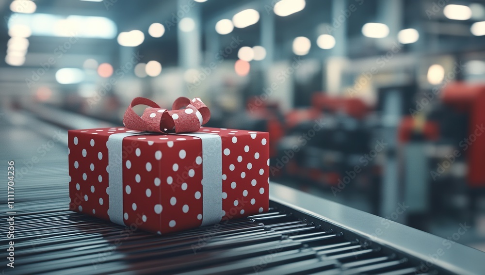 Poster red gift box moves on conveyor belt in factory setting, showing automated gift wrapping process and 