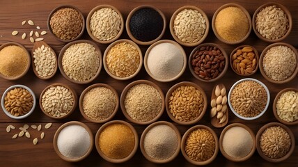 A variety of grains including oats arranged neatly on a wooden surface, with the natural texture of the wood visible, leaving room for text at the top --ar 3:2 --v 4