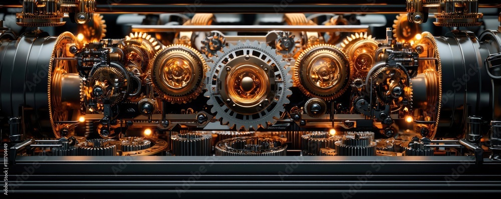 Poster intricate machinery with cogs and gears, showcasing mechanical engineering.