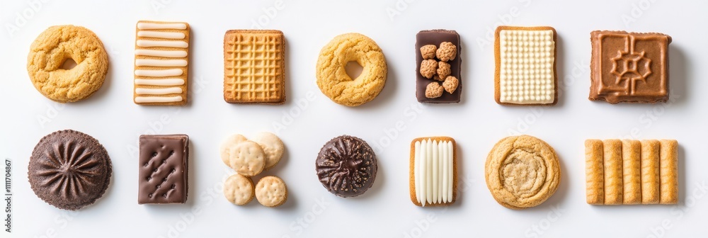 Poster an enticing collection of cookies and sweets arranged on a white surface, featuring diverse textures