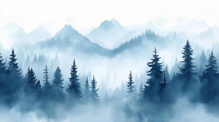 Fototapeta premium Watercolor Painting of a Misty Mountain Forest