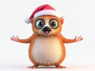 Obraz premium Festive Holiday Lemur - Cheerful 3D Rendered Cartoon Character with Santa Hat on Isolated White Background