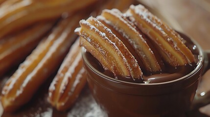 Churros dipped in rich, melted chocolate, dusted with powdered sugar.