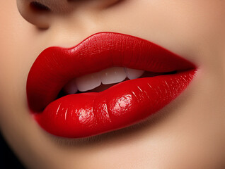 Close up of woman's lips with vibrant red lipstick.  Concept of beauty, makeup, and glamour.