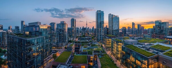Fototapeta premium Modern city skyline at sunset with green rooftops and tall buildings.