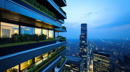 Obraz premium Modern building exterior view with city skyline at dusk, illuminated windows.