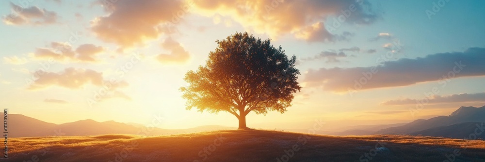 Aufkleber a solitary tree rises in a vast field as the sun sets, casting a warm glow across the landscape with