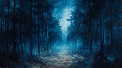 Naklejka premium Mystical Blue Forest Path with Light at the End