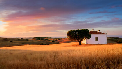 Obraz premium Lonely olive tree stands proudly on Alentejo plains during sunset casting a golden glow over the serene landscape
