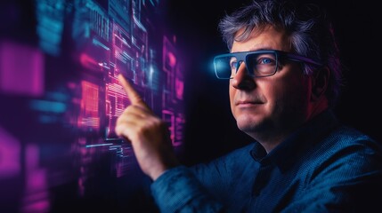 A man wearing  glasses is holding up his hand, with an interactive holographic display in front of him and data charts floating above it.