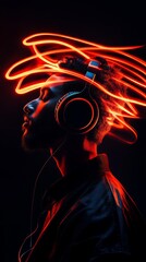 A person wearing headphones, with sound waves emanating from their head, against a black background with a neon orange glow, in the style of hyper-realistic photography.