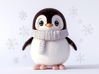 Fototapeta premium Cheerful Christmas Penguin in 3D Render with Fluffy Fur and Cozy Scarf Surrounded by Snowflakes on White Background. Ultra-Detailed Cute Character for Festive Design Concepts.