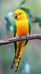 Obraz premium Vibrant Yellow and Green Parrot Perched on a Branch in a Lush Tropical Forest Setting