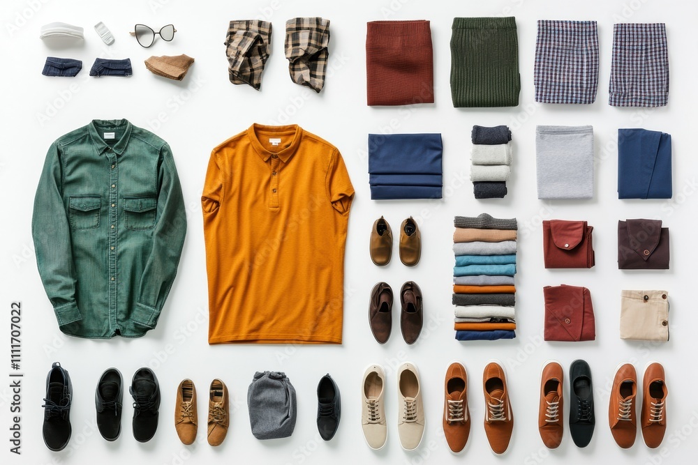 Aufkleber a variety of clothing items and accessories are arranged neatly on a white surface, allowing for cre