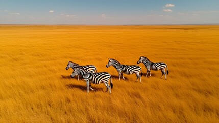 Golden bushes with zebras, peaceful savanna landscape, soft aerial shot