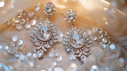 Fototapeta premium Elegant sparkling earrings on soft fabric with delicate embellishments