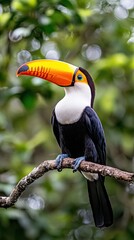 Obraz premium Vibrant Toucan Perched on Branch in Lush Greenery of Tropical Rainforest