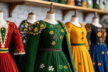 Obraz premium Exquisite Traditional Dresses Displayed in a Boutique Setting with Artistic Detail and Colorful Patterns