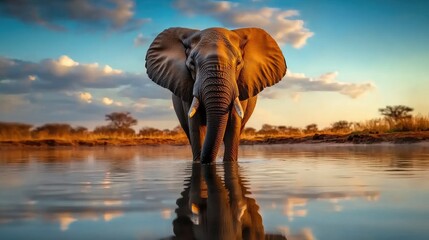 Fototapeta premium Majestic Elephant at Waterhole with Stunning Sunset Reflection in African Savanna