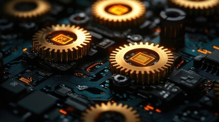 Close-up of intricate circuit board with golden gear components, dark background.