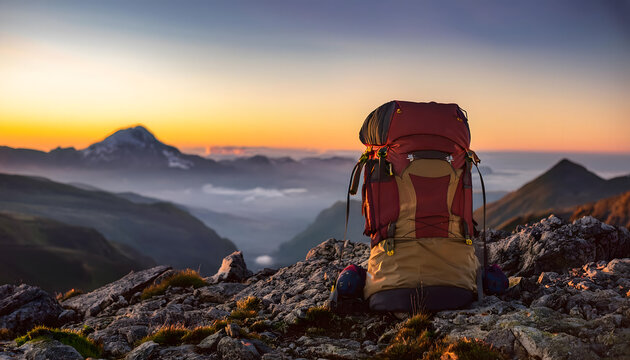Stunning sunset view from the summit of Ben Nevis with climbers backpack ready for adventure and exploration