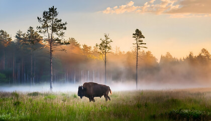 Bison foraging in the tranquil early morning light of Białowieża Forest surrounded by mist 