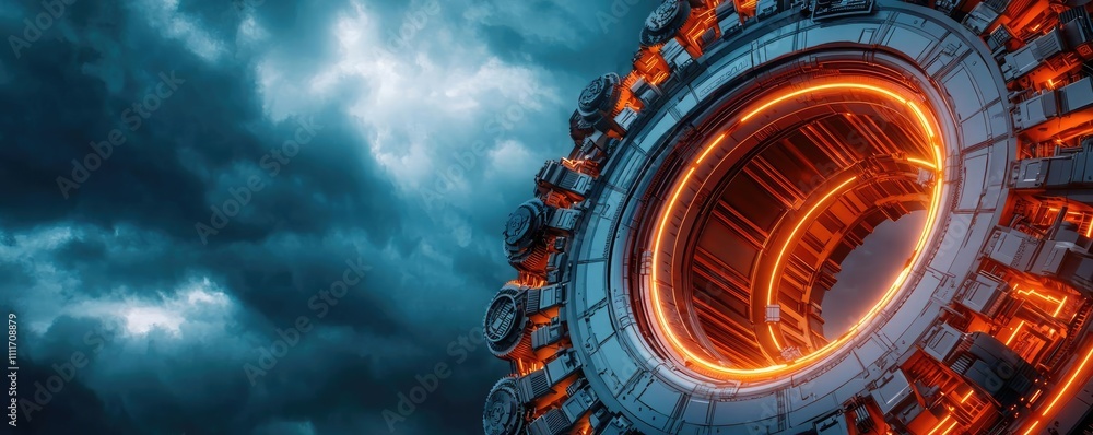 Aufkleber futuristic technology design with an illuminated circular structure against stormy sky.
