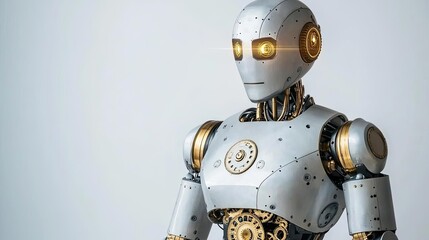 Fototapeta premium Futuristic robot design with metallic and gold accents, on a white isolate background.