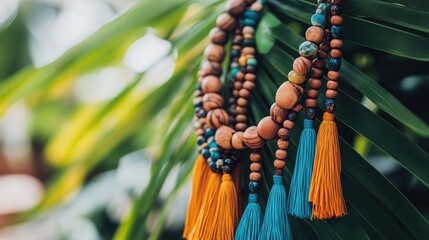 Colorful Bohemian Necklace with Beads and Tassels on Green Leaves