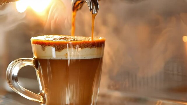 A glass cup with freshly brewed coffee pouring into it, surrounded by steam and warm lighting.