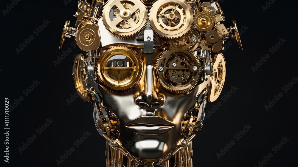 Poster futuristic robot face with intricate gears and metallic features, isolated on black background.