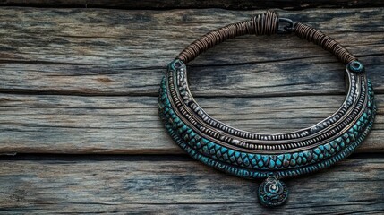Obraz premium Handcrafted Turquoise Necklace on Wooden Background with Texture