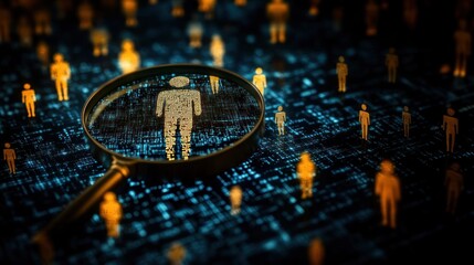 Magnifying glass focuses on AI human silhouette over digital data, representing AI recruitment, hiring automation, and advanced chatbot technology
