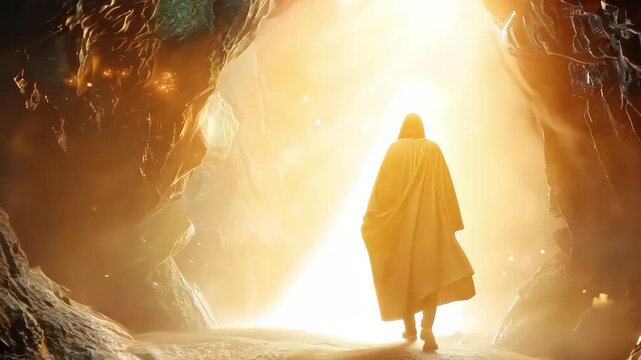 A figure walks out of a cave or tomb, illuminated by light, suggesting themes of resurrection or enlightenment.