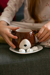 hands with a cup of hot chocolate. Christmas time