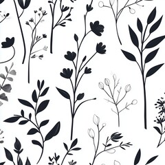 Floral pattern featuring various black silhouettes of plants against a white background